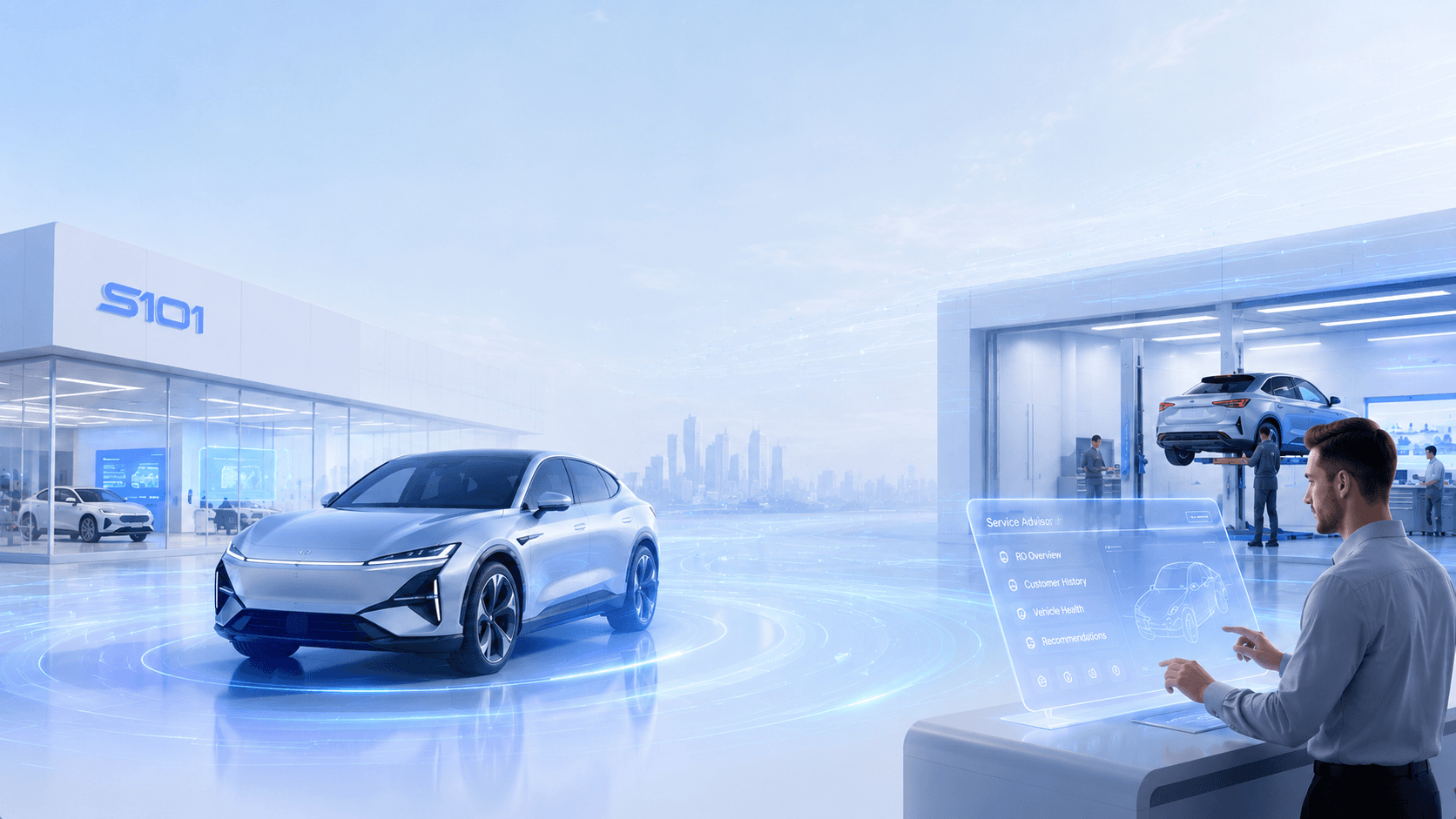 A Service101-branded dealership: a vehicle on the showroom floor while a service advisor reviews a vehicle health check on a touchscreen, with technicians working on a car in the workshop behind.